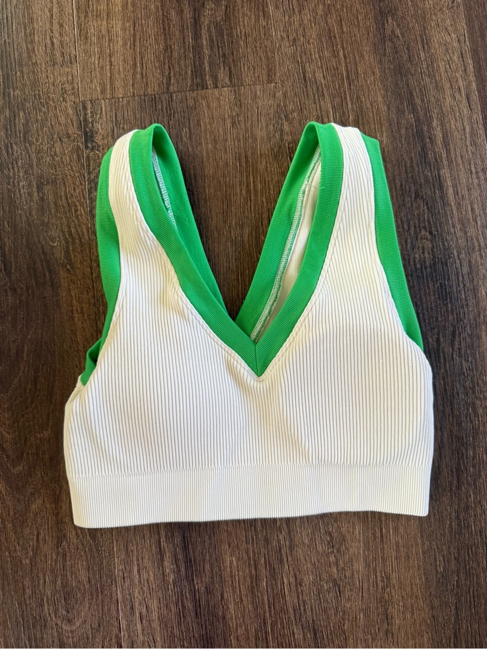 aerie White Ribbed V-Neck Bralette with Green Trim